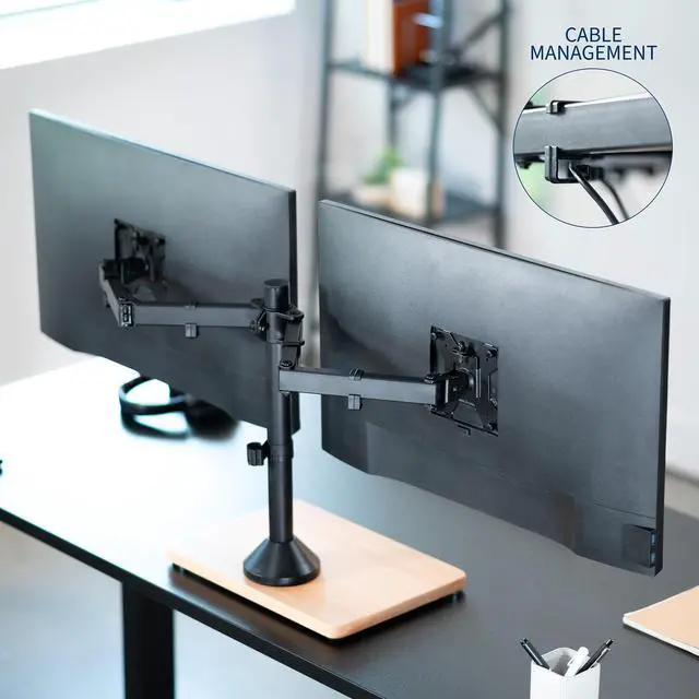 Alt view image 7 of 7 - VIVO Dual Monitor Adjustable Mount w/ Wood Base, Fits Computer Screens up to 32"
