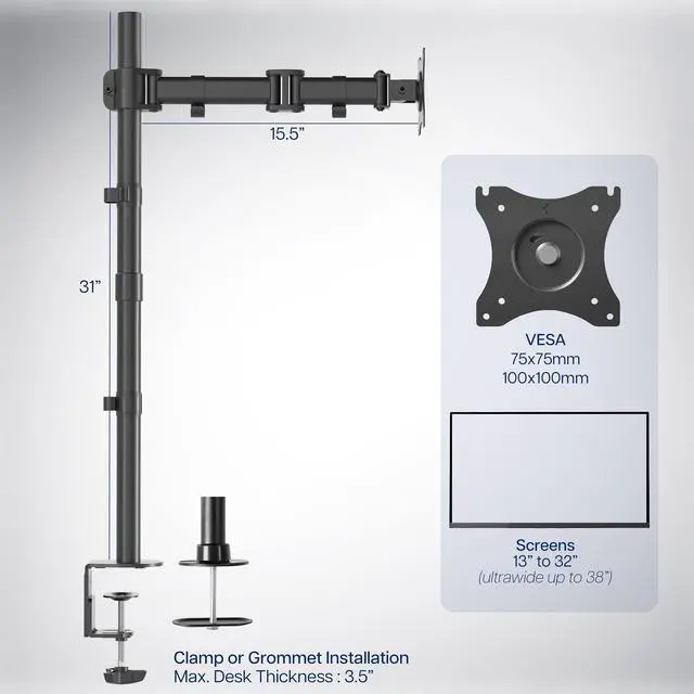 Alt view image 3 of 7 - VIVO Single Monitor Desk Mount Extra Tall Fully Adjustable Stand for up to 32" Screen (STAND-V001T)