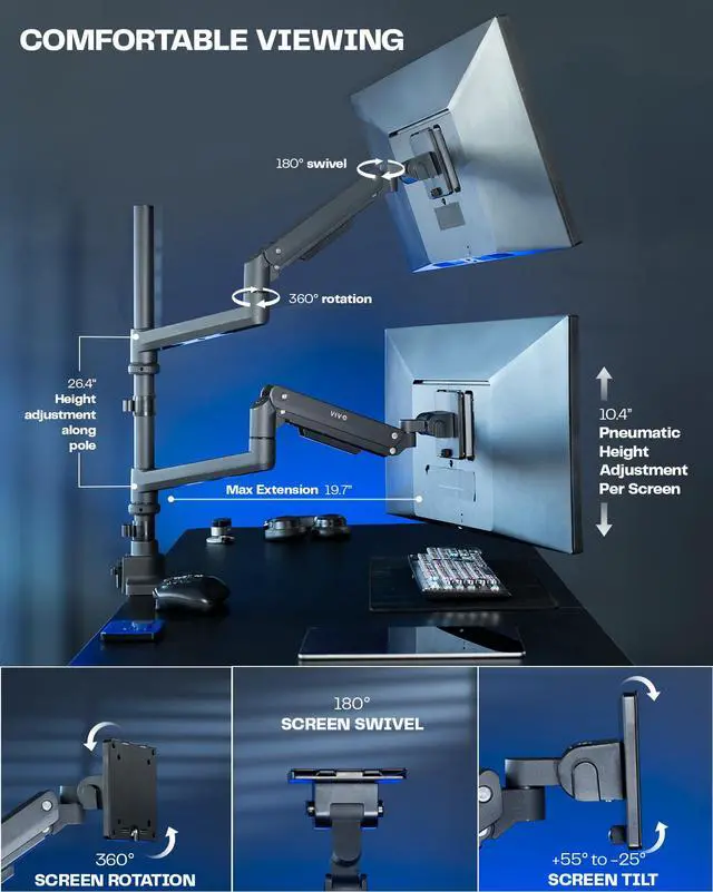 Alt view image 5 of 7 - VIVO Pneumatic Arm Dual Ultrawide Monitor Desk Mount for Computer Screens to 49"