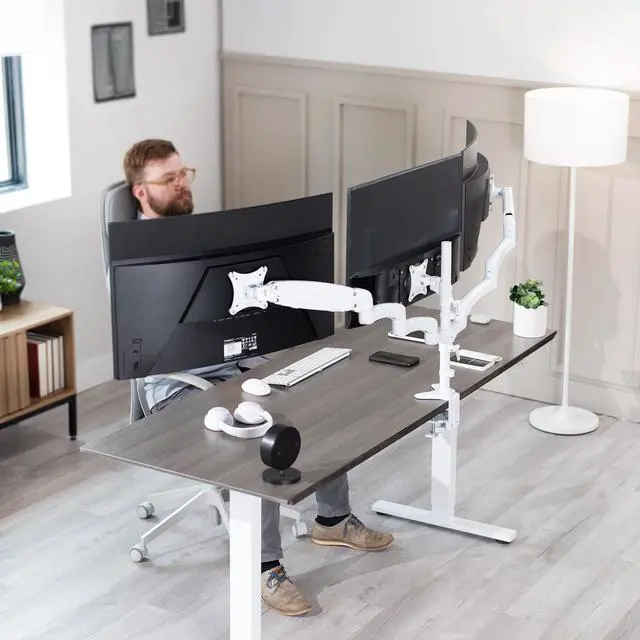 Alt view image 2 of 8 - VIVO White Triple Monitor Mount, 2 Pneumatic Arms + 1 Fixed, 3 Screens up to 32"