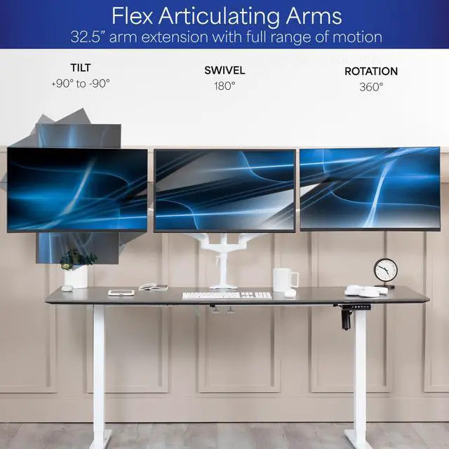 Alt view image 3 of 8 - VIVO White Triple Monitor Mount, 2 Pneumatic Arms + 1 Fixed, 3 Screens up to 32"