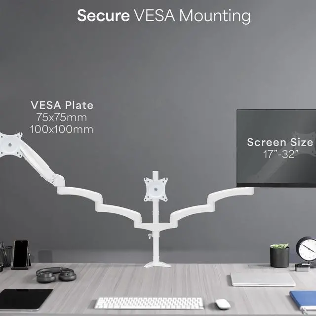 Alt view image 4 of 8 - VIVO White Triple Monitor Mount, 2 Pneumatic Arms + 1 Fixed, 3 Screens up to 32"