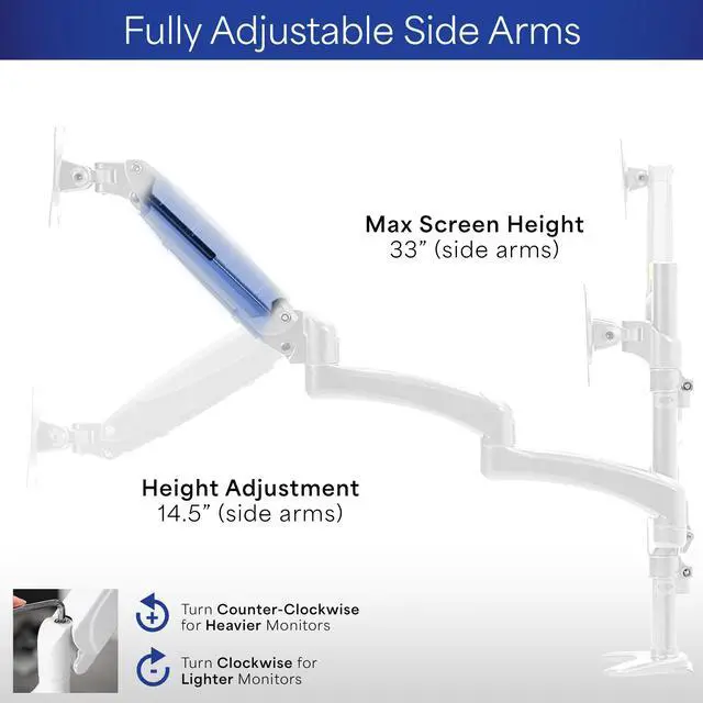 Alt view image 6 of 8 - VIVO White Triple Monitor Mount, 2 Pneumatic Arms + 1 Fixed, 3 Screens up to 32"