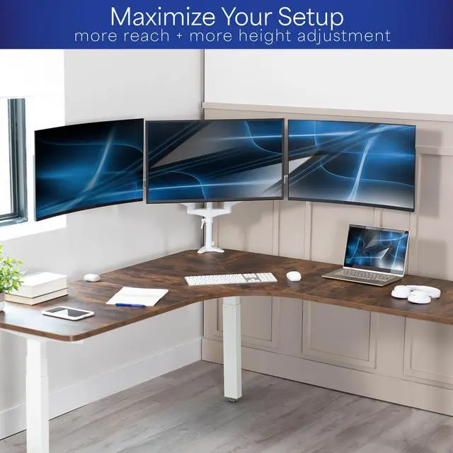 Alt view image 5 of 8 - VIVO White Triple Monitor Mount, 2 Pneumatic Arms + 1 Fixed, 3 Screens up to 32"