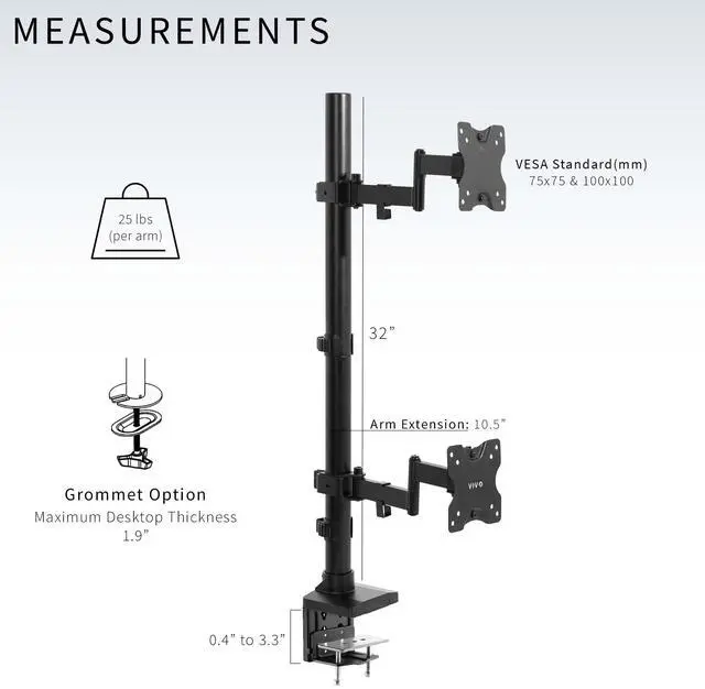 Alt view image 3 of 7 - VIVO Dual Vertically Stacked Ultra Wide Monitor Mount, Extra Tall Adjustable Stand, Fits up to 43" Screens (STAND-V202T)