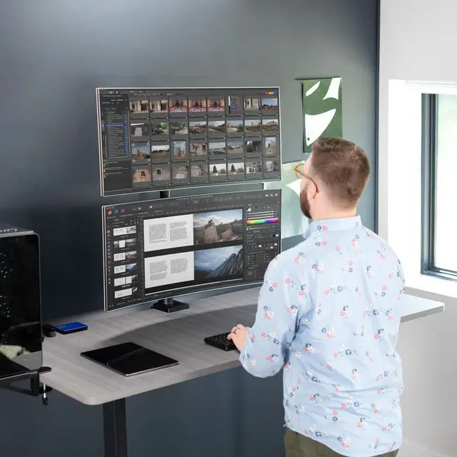 Alt view image 5 of 7 - VIVO Dual Vertically Stacked Ultra Wide Monitor Mount, Extra Tall Adjustable Stand, Fits up to 43" Screens (STAND-V202T)