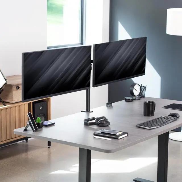 Alt view image 9 of 14 - VIVO Black Dual Ultrawide Monitor Desk Mount Stand, Heavy Duty Fully Adjustable, Fits 2 Screens up to 38", STAND-V038