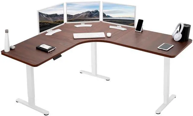 Main image of VIVO Electric 71" x 71" Curved Corner Stand Up Desk, L-Shaped Table, Dark Walnut Top, White Frame (DESK-KIT-E3CWD)