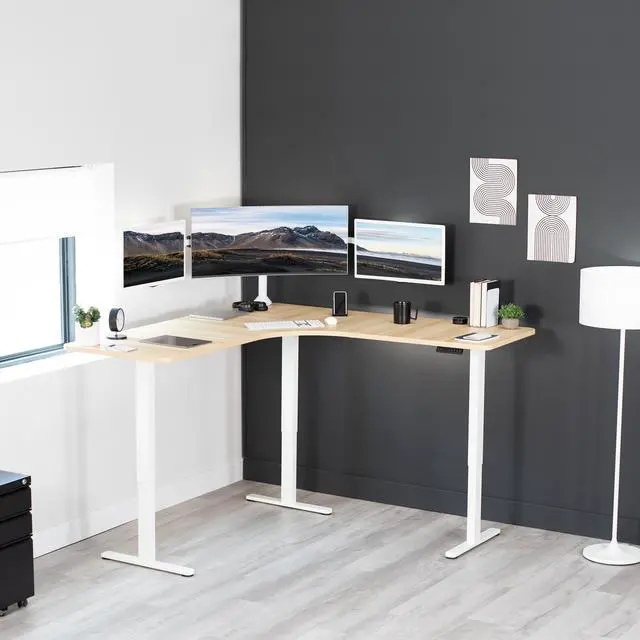 Alt view image 7 of 7 - VIVO Light Wood / White Electric 71" x 71" Curved Corner Stand Up Desk