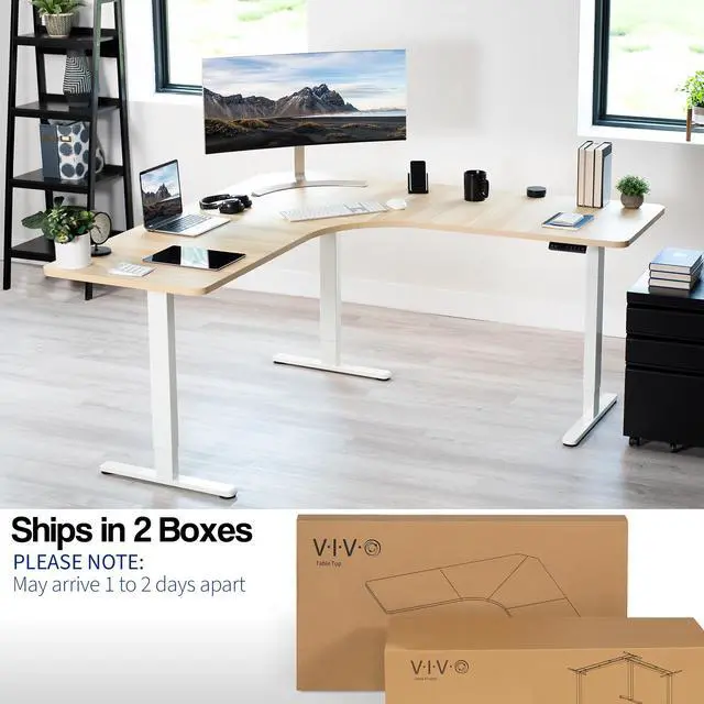 Alt view image 2 of 7 - VIVO Light Wood / White Electric 71" x 71" Curved Corner Stand Up Desk