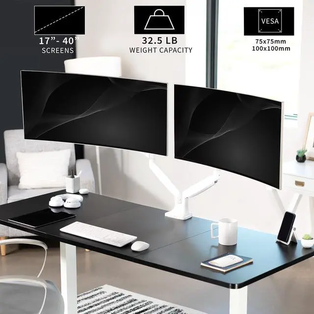 Alt view image 2 of 8 - VIVO White Dual Ultrawide 40" Computer Monitor Desk Mount with Pneumatic Spring