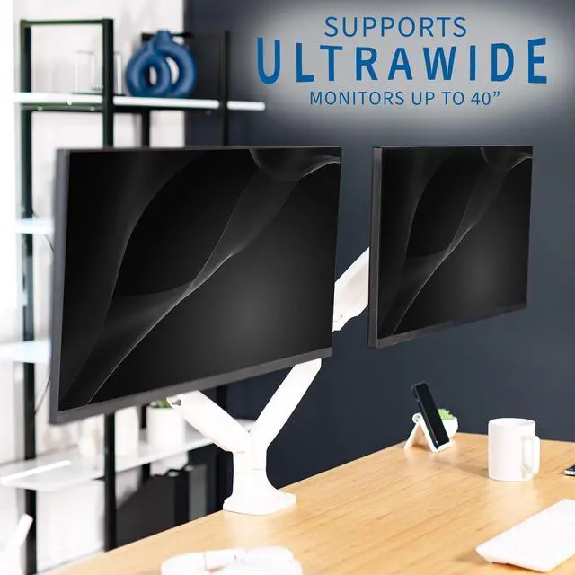 Alt view image 4 of 8 - VIVO White Dual Ultrawide 40" Computer Monitor Desk Mount with Pneumatic Spring