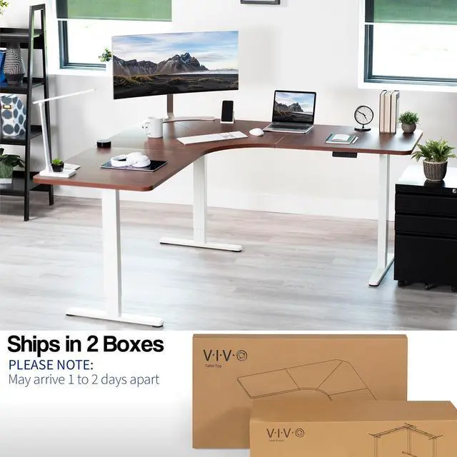 Alt view image 2 of 7 - VIVO Electric 71" x 71" Curved Corner Stand Up Desk, L-Shaped Table, Dark Walnut Top, White Frame (DESK-KIT-E3CWD)