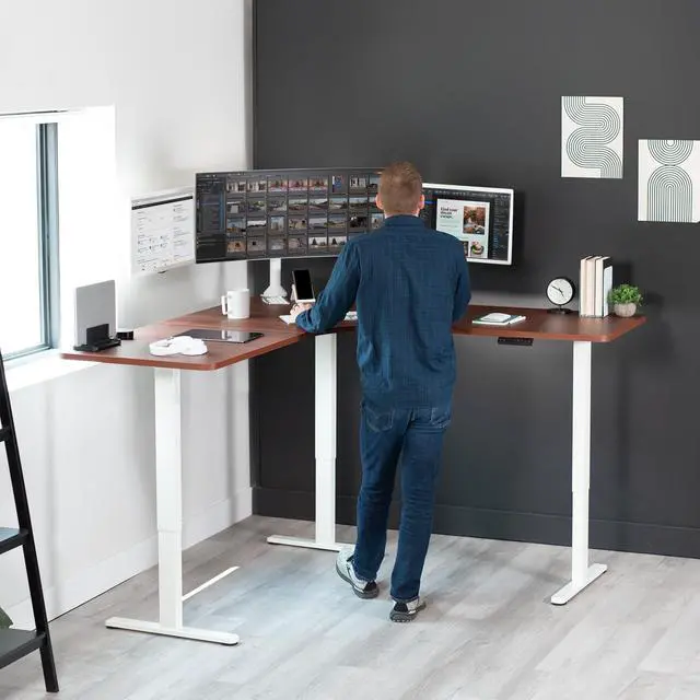 Alt view image 3 of 7 - VIVO Electric 71" x 71" Curved Corner Stand Up Desk, L-Shaped Table, Dark Walnut Top, White Frame (DESK-KIT-E3CWD)