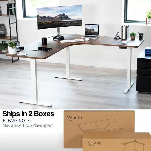 Alt view image 2 of 7 - VIVO Rustic Vintage Brown / White Electric 71" x 71" Curved Corner Stand Up Desk