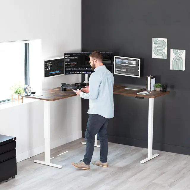 Alt view image 3 of 7 - VIVO Rustic Vintage Brown / White Electric 71" x 71" Curved Corner Stand Up Desk