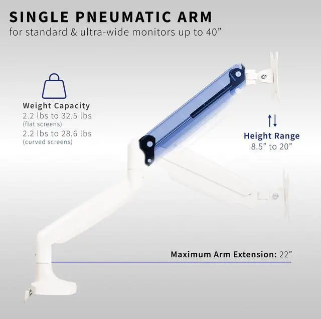 Alt view image 3 of 8 - VIVO White Heavy Duty Single Ultrawide Monitor Desk Mount w/ Pneumatic Spring Arm, Fits Screens up to 40", STAND-V101QW