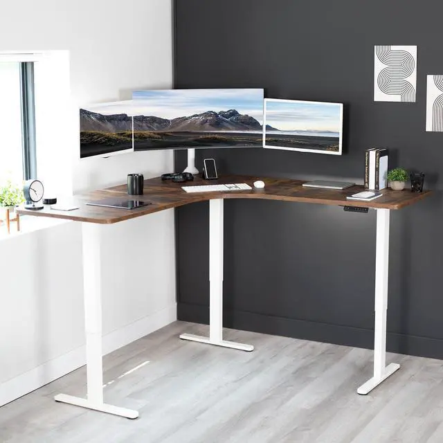 Alt view image 7 of 7 - VIVO Rustic Vintage Brown / White Electric 71" x 71" Curved Corner Stand Up Desk