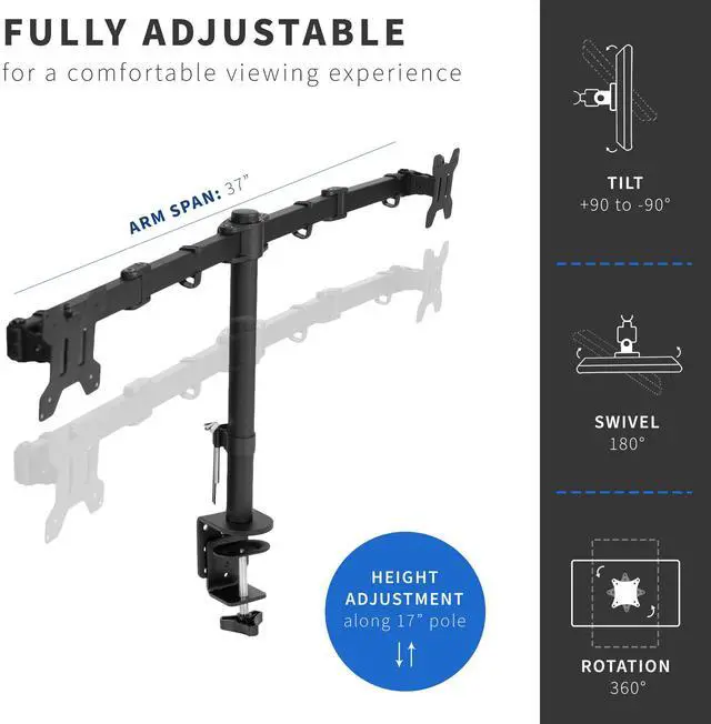 Alt view image 4 of 7 - VIVO Full Motion Dual Monitor Desk Mount VESA Stand with Double Center Arm Joint | Fits 13" to 34" Screens (STAND-V102D)