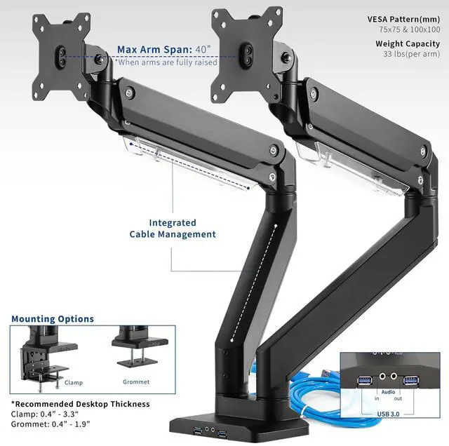 Alt view image 4 of 8 - VIVO Dual Monitor Counterbalance Desk Mount Stand + USB, Fits Screens up to 38"