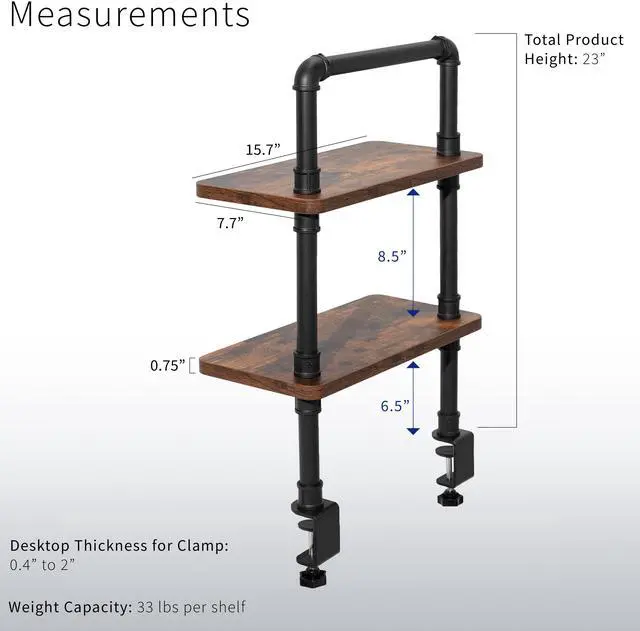 Alt view image 3 of 7 - VIVO Clamp-on 16 inch 2-Tier Decorative Industrial Pipe Shelves, Vintage Brown