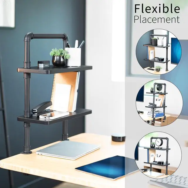 Alt view image 4 of 7 - VIVO Clamp-on 16 inch Decorative Industrial Pipe Shelves, 2-Tier Decor Organizer, Black, DESK-SHELF16-2B