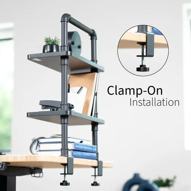 Alt view image 5 of 7 - VIVO Clamp-on 16 inch Decorative Industrial Pipe Shelves, 2-Tier Decor Organizer, Black, DESK-SHELF16-2B