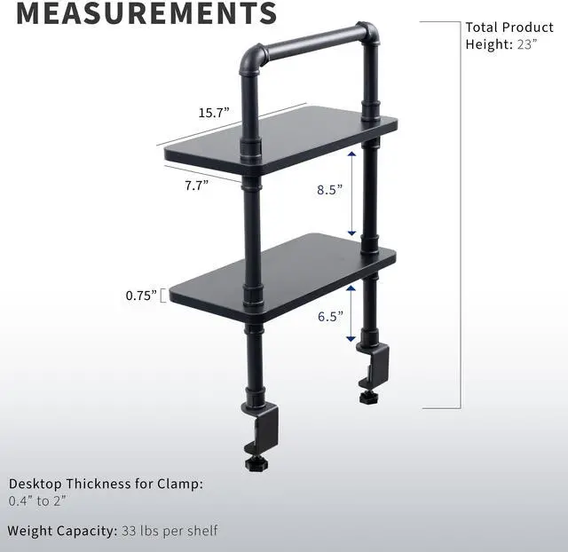 Alt view image 3 of 7 - VIVO Clamp-on 16 inch Decorative Industrial Pipe Shelves, 2-Tier Decor Organizer, Black, DESK-SHELF16-2B