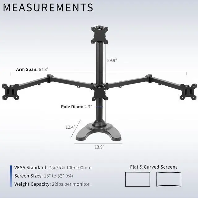 Alt view image 3 of 7 - VIVO Steel Quad Monitor Mount Adjustable 3 + 1 Stand | 4 Screens up to 32"