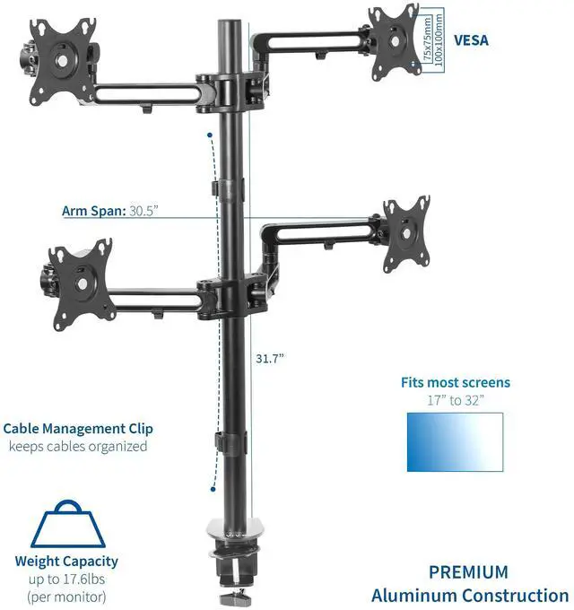 Alt view image 2 of 7 - VIVO Aluminum Quad LCD Fully Adjustable Monitor Desk Mount Stand for 4 Screens 17" to 32" (STAND-V104Y)