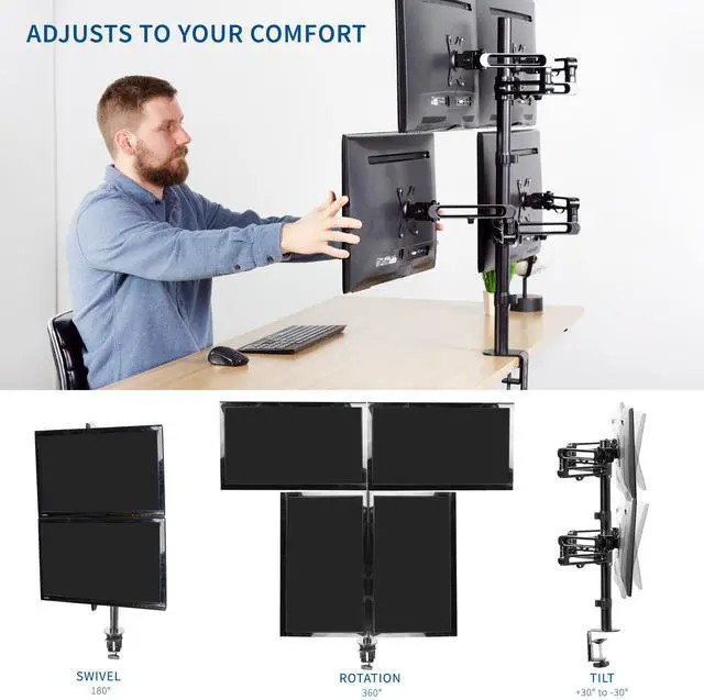 Alt view image 3 of 7 - VIVO Aluminum Quad LCD Fully Adjustable Monitor Desk Mount Stand for 4 Screens 17" to 32" (STAND-V104Y)