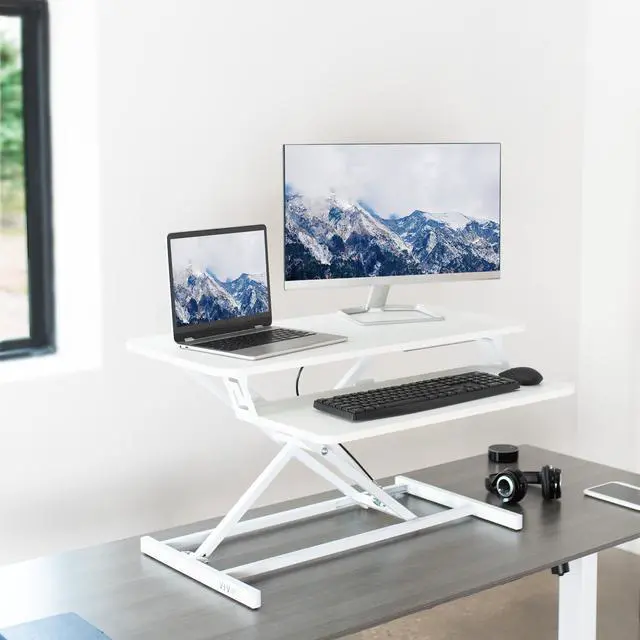 Alt view image 2 of 7 - VIVO White Height Adjustable 32" Standing Desk Monitor Riser, Economic Sit Stand Workstation Tabletop (DESK-V000SW)
