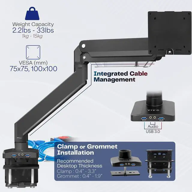 Alt view image 5 of 8 - VIVO Premium Aluminum Single Monitor Pneumatic Spring Arm Desk Mount Stand w/ USB | Fits Ultrawides up to 49" (STAND-V101G1)