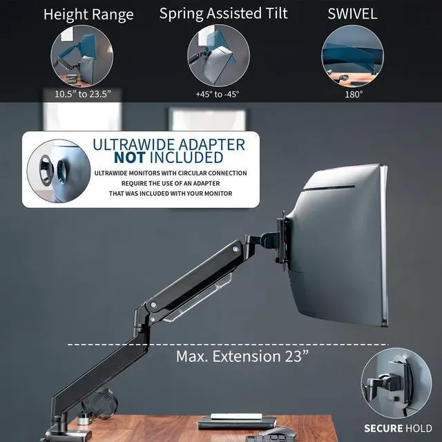 Alt view image 6 of 8 - VIVO Premium Aluminum Single Monitor Pneumatic Spring Arm Desk Mount Stand w/ USB | Fits Ultrawides up to 49" (STAND-V101G1)