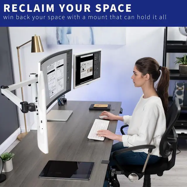Alt view image 4 of 7 - VIVO White Triple Monitor Desk Mount, Adjustable Stand, Fits 3 Screens up to 32"