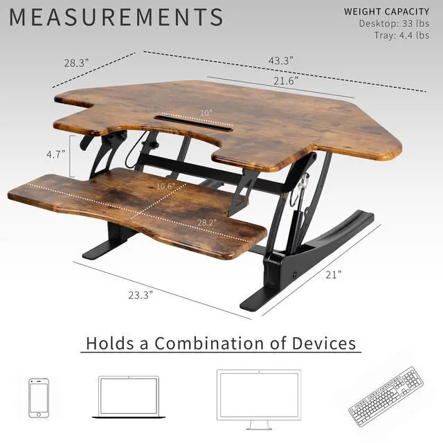 Alt view image 3 of 8 - VIVO Corner Standing Height Adjustable Sit to Stand Tabletop Desk Riser, Vintage Brown Top, Black Frame, DESK-V000VCN