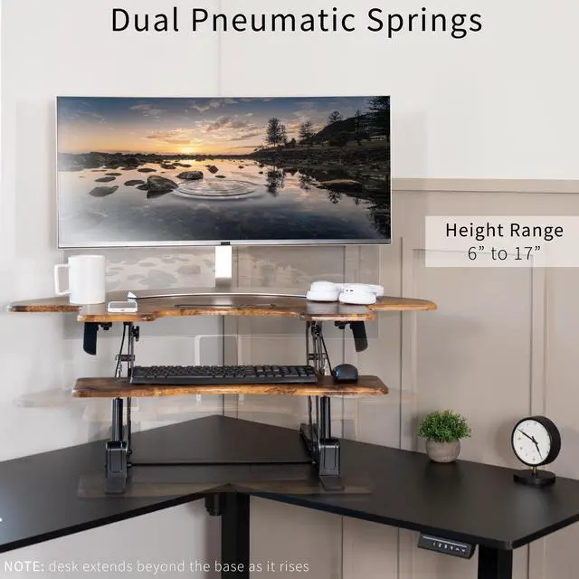 Alt view image 5 of 8 - VIVO Corner Standing Height Adjustable Sit to Stand Tabletop Desk Riser, Vintage Brown Top, Black Frame, DESK-V000VCN