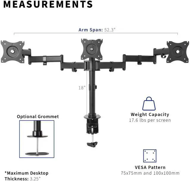 Alt view image 4 of 7 - VIVO Triple Monitor Adjustable Mount / Articulating Stand for 3 LCD Screens up to 24" (STAND-V003M)