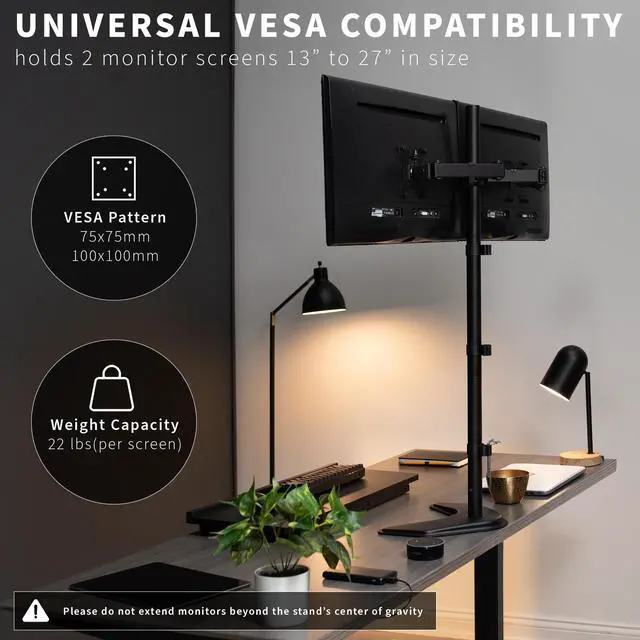 Alt view image 3 of 7 - VIVO Dual Monitor Free-Standing Mount Extra Tall Adjustable Stand | Fits up to 27" Screens (STAND-V012F)
