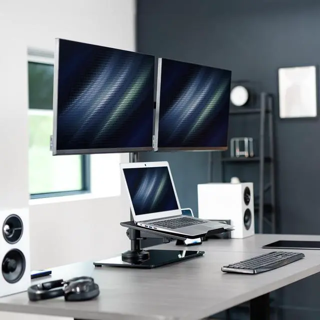 Alt view image 2 of 7 - VIVO Laptop and Dual Monitor Desk Stand w/ Glass Base, Fits 32" Computer Screen
