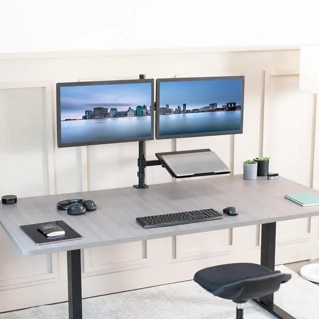 Alt view image 2 of 8 - VIVO Dual 13" to 27" Monitor Mount with Laptop Holder, Tall Adjustable Stand