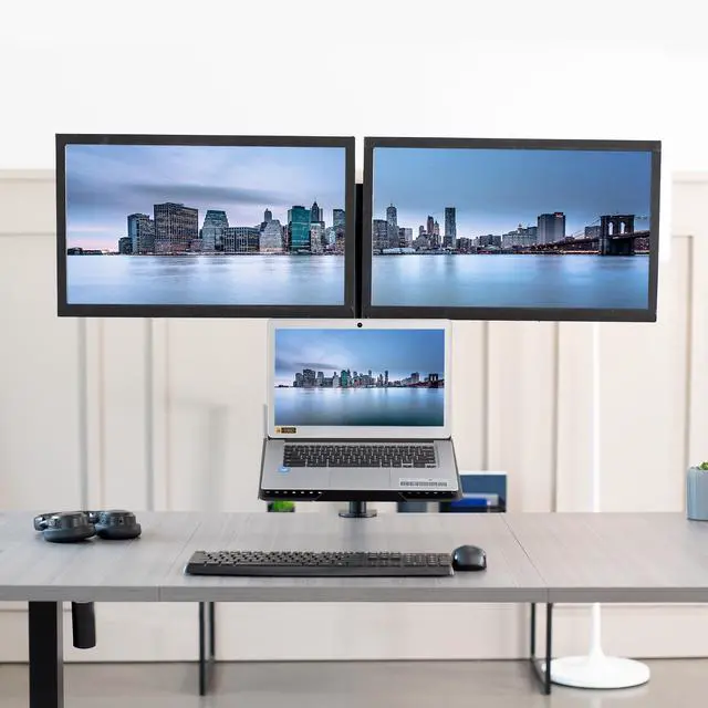 Alt view image 4 of 8 - VIVO Dual 13" to 27" Monitor Mount with Laptop Holder, Tall Adjustable Stand