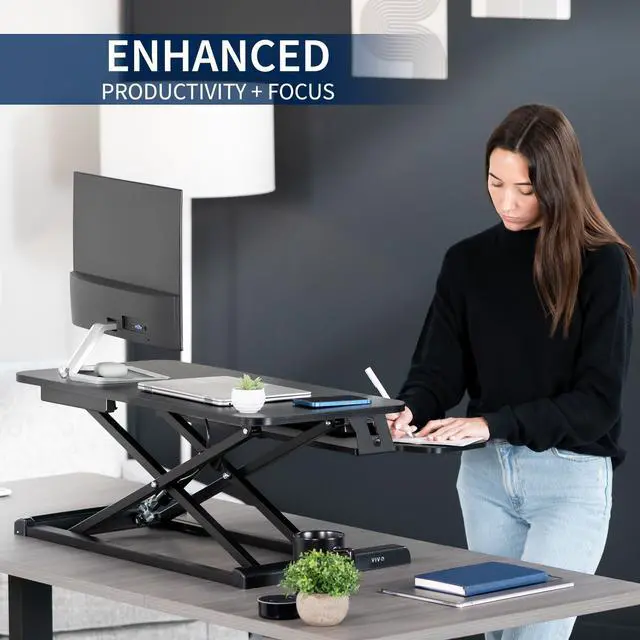 Alt view image 4 of 7 - VIVO Black Height Adjustable Standing Desk Monitor Riser 32" Sit Stand Tabletop