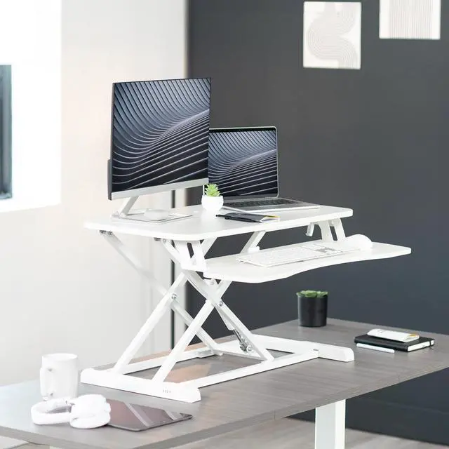 Alt view image 2 of 14 - VIVO White Height Adjustable Standing Desk Monitor Riser 32" Sit Stand Workstation Tabletop (DESK-V000KW)