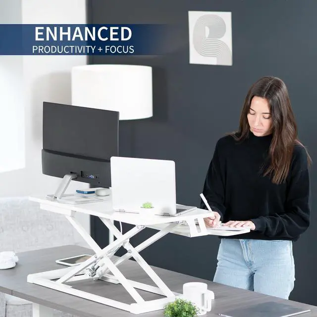 Alt view image 4 of 14 - VIVO White Height Adjustable Standing Desk Monitor Riser 32" Sit Stand Workstation Tabletop (DESK-V000KW)