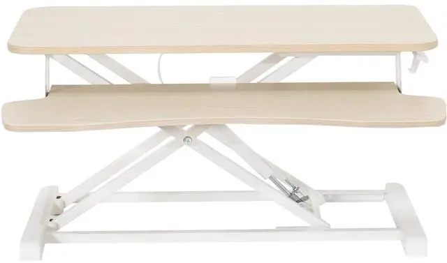 Main image of VIVO Light Wood Height Adjustable Standing Desk Riser, 32" Sit Stand Tabletop Workstation, White Frame (DESK-V000KF)