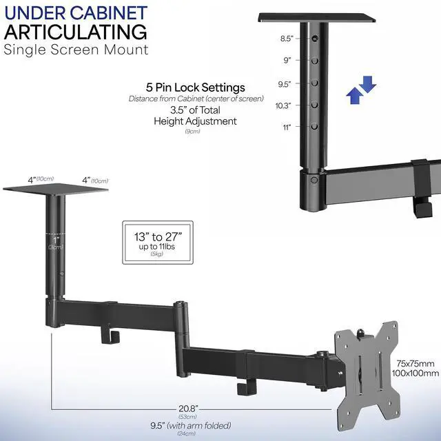 Alt view image 3 of 7 - VIVO Articulating Under-Cabinet Mount, Fits 13" to 27" TV & Monitor Screens