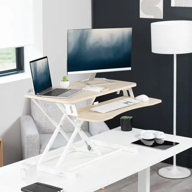 Alt view image 2 of 14 - VIVO Light Wood Height Adjustable Standing Desk Riser, 32" Sit Stand Tabletop Workstation, White Frame (DESK-V000KF)