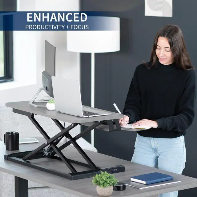 Alt view image 4 of 7 - VIVO Gray Height Adjustable Standing Desk Monitor Riser, 32" Sit Stand Tabletop