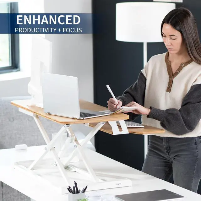 Alt view image 4 of 7 - VIVO Bamboo Standing 32" Desktop Monitor Riser, White Frame